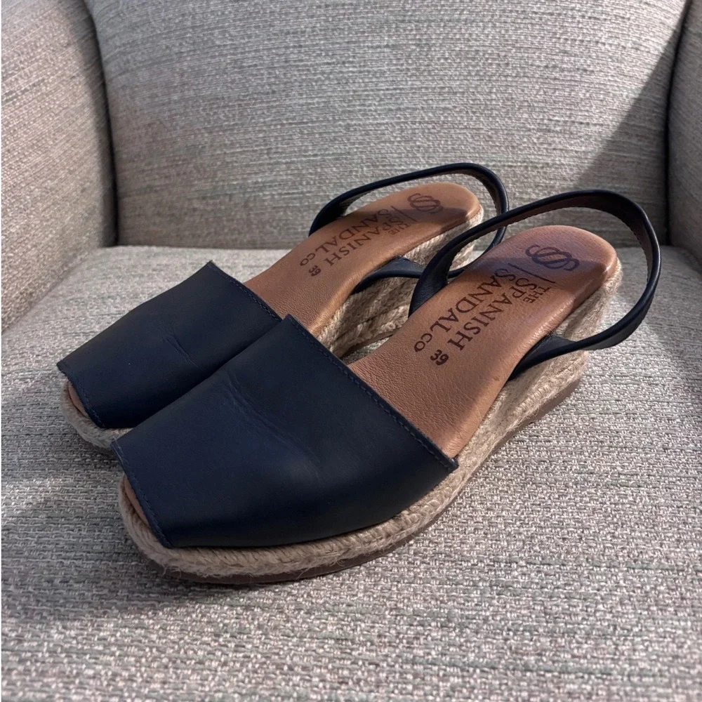 The Spanish Sandal Co Navy Leather Espadrille Wedge Sandals Slingback Size 39